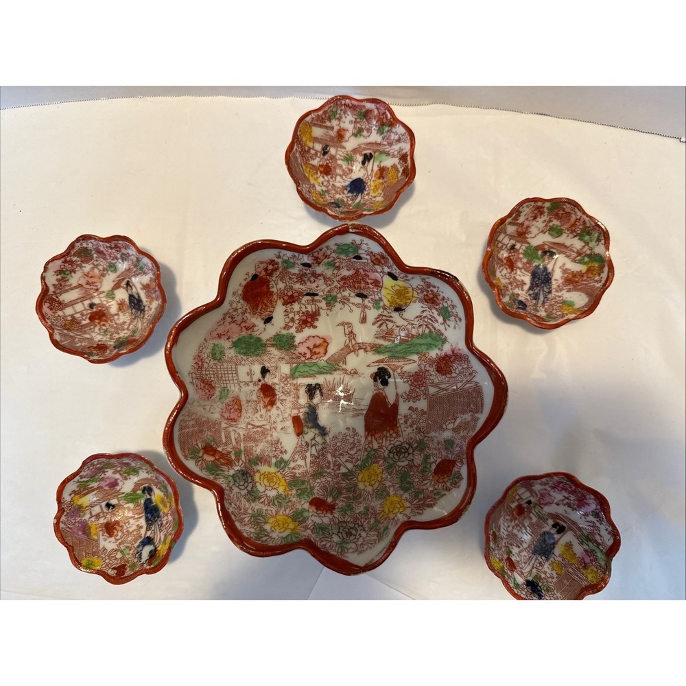 VTG Japanese Geisha Hand Painted serving Bowl + 5 cups Set